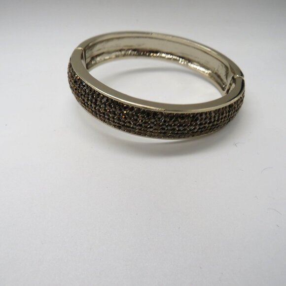 Gold Tone Bracelet Hinged Bangle Black Gilt Rhinestones Encrusted - Picture 8 of 10